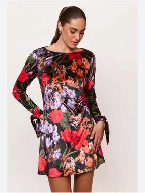 Hutch Velour Floral Mini Dress | Black Multicolor | Long Sleeve Tie Cuffs